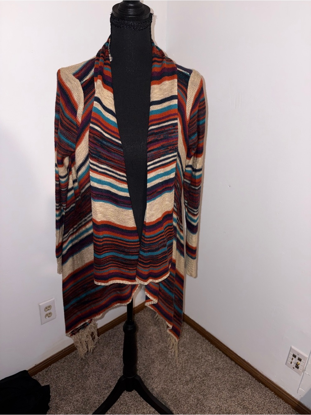 new directions Multicolor Striped Fringe Open-Front Cardigan
